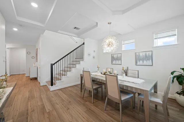 a view of a dining room with furniture