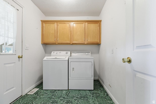 435 East 4th North Preston, ID 83263 - Photo 16 of 26 Dedicated laundry area featuring overhead wood cabinetry and patterned green flooring