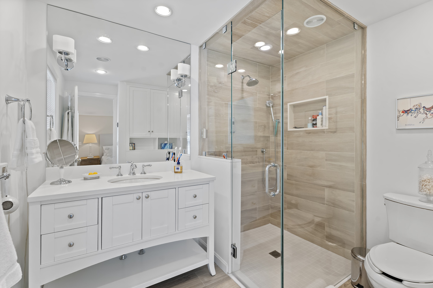 21 Kitts Field Circle Edgartown, MA 02539 - Photo 13 of 34 a bathroom with a double vanity sink mirror and shower