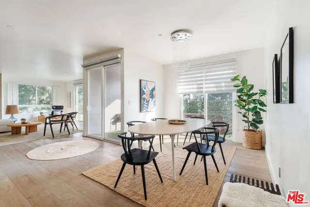 a view of a dining room with furniture and window