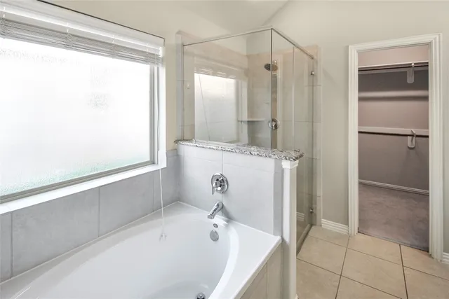 a bathroom with a bathtub and a shower