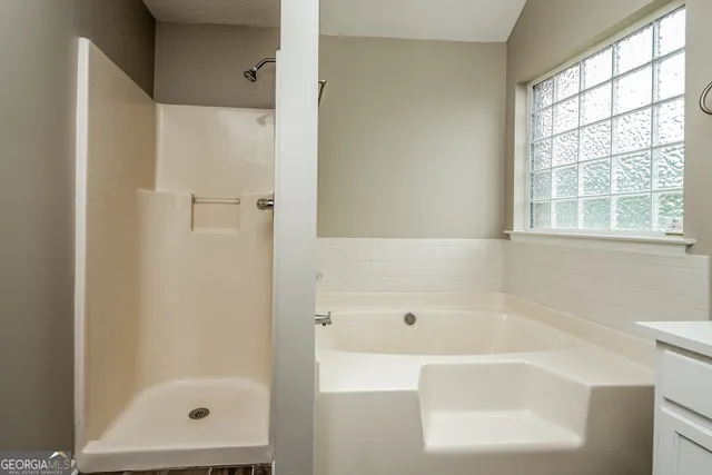 a bathroom with a bathtub and a shower