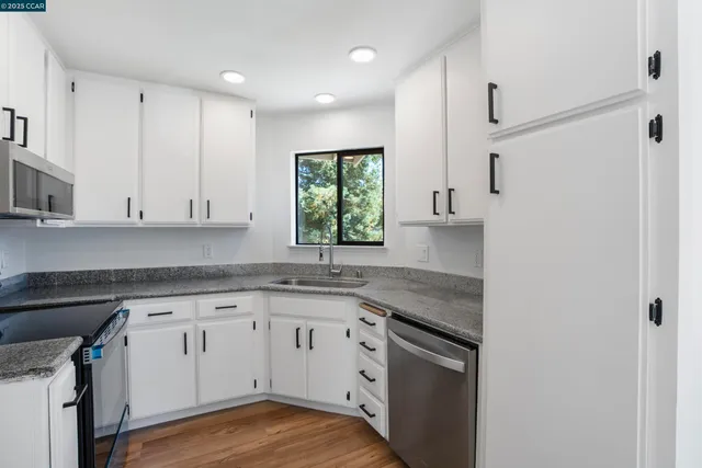 a kitchen with a sink cabinets stainless steel appliances and a window