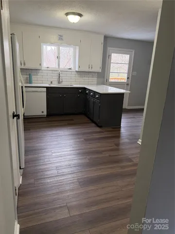 a kitchen with wooden floors and sink