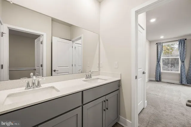a bathroom with a sink double vanity and a mirror