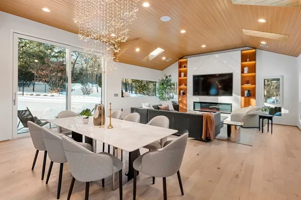 a view of a dining room with furniture window and outside view