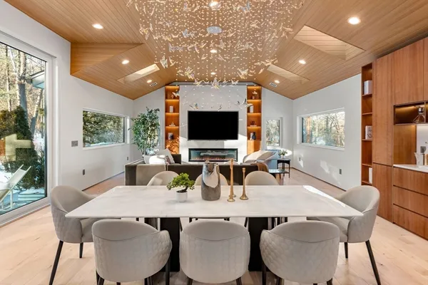 a view of a dining room with furniture