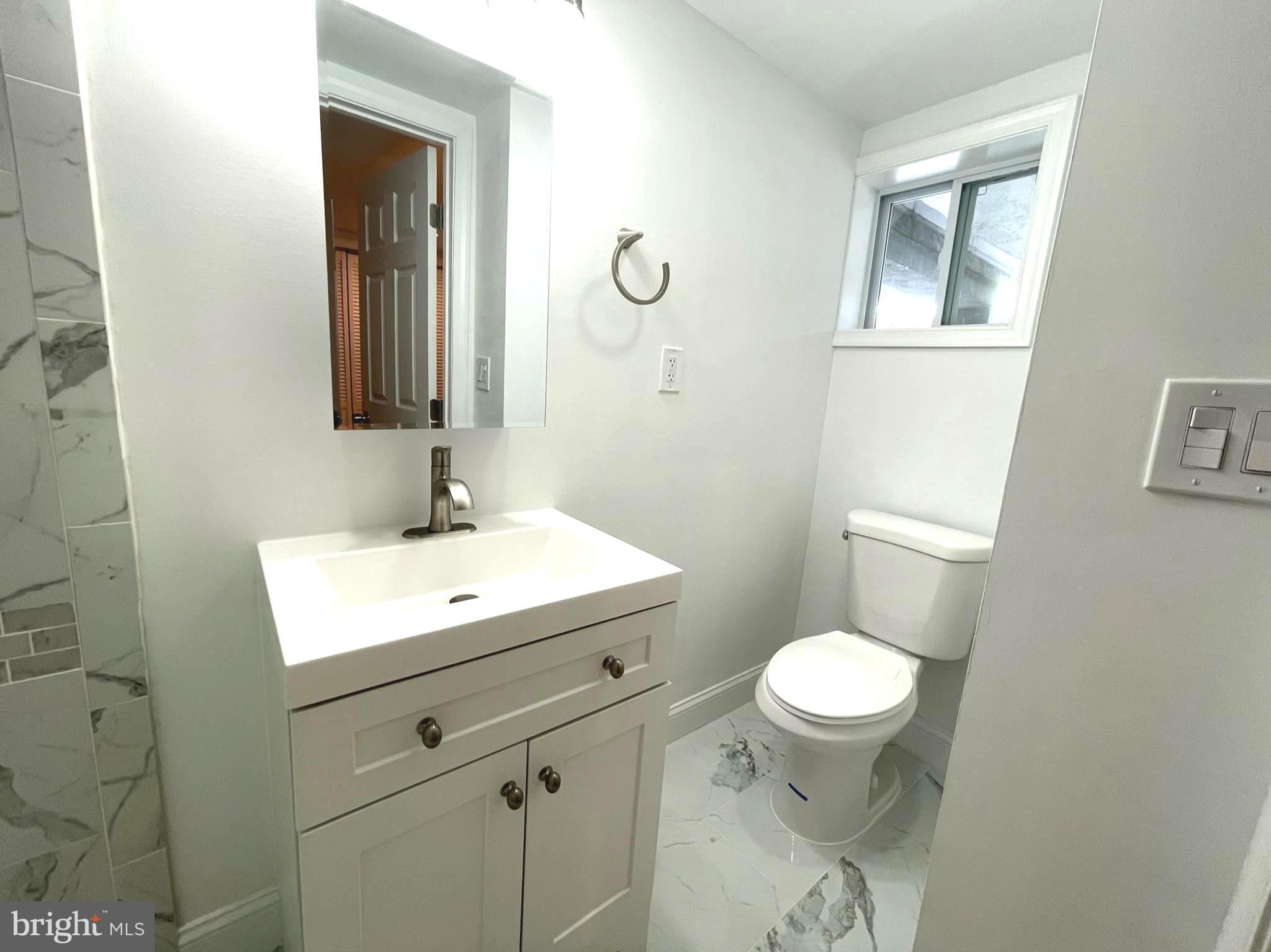 1718 Lang Place Northeast Washington, DC 20002 - Photo 25 of 32 a bathroom with a sink a toilet and mirror