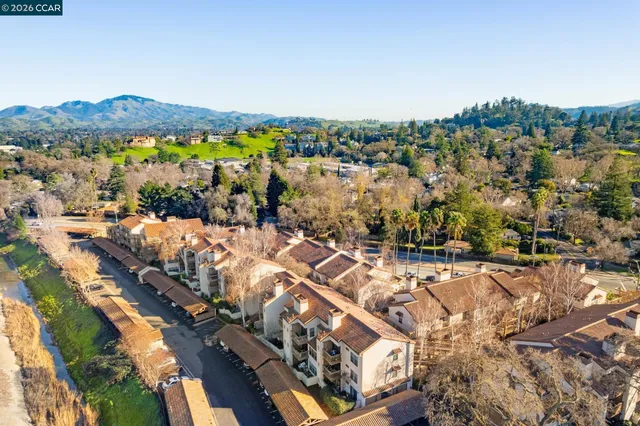 an aerial view of residential houses with outdoor space and trees