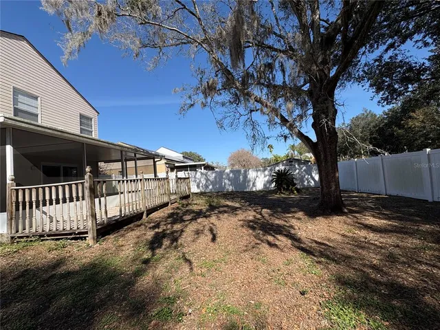 a view of a backyard with a large tree