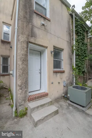 a view of a building with a door