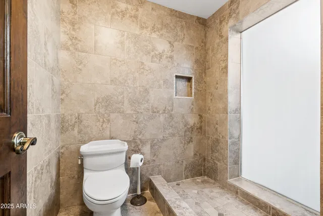 a white toilet sitting next to a shower