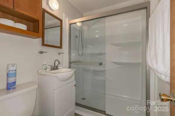 a bathroom with a sink a toilet and shower