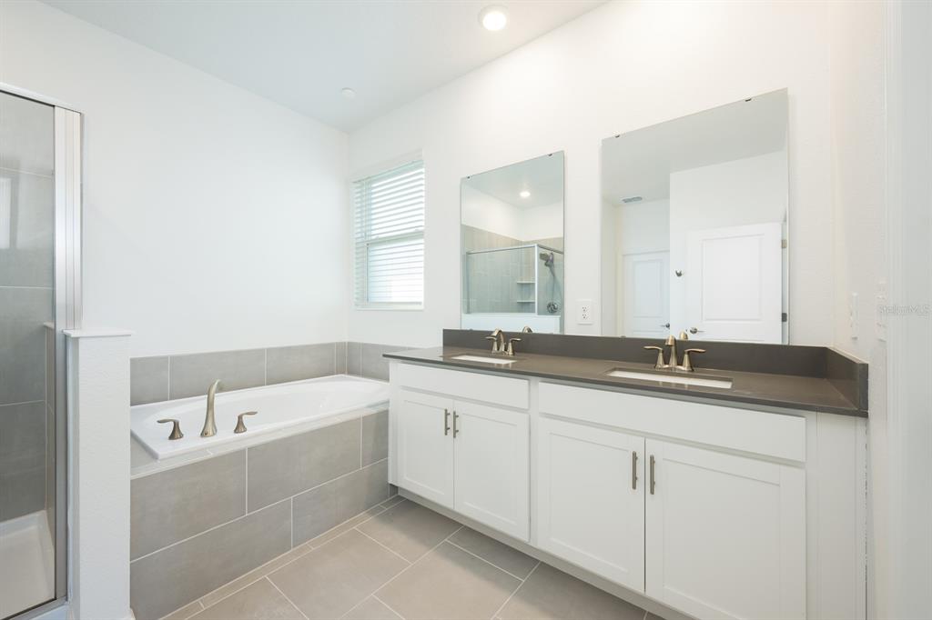 1874 Flourish Avenue Kissimmee, FL 34744 - Photo 11 of 35 a bathroom with a granite countertop sink a large mirror and a bathtub