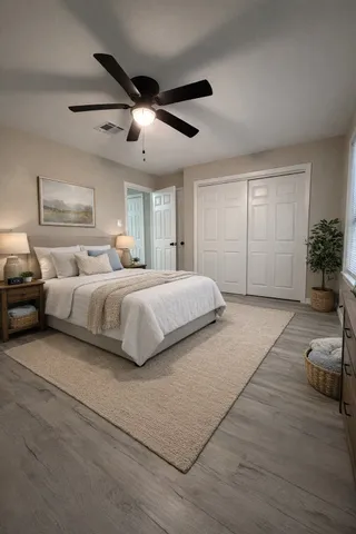 a bedroom with a large bed and a ceiling fan