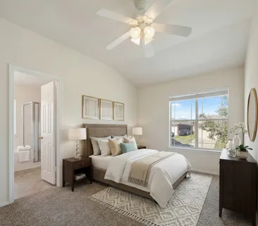 a bedroom with a large bed and a window
