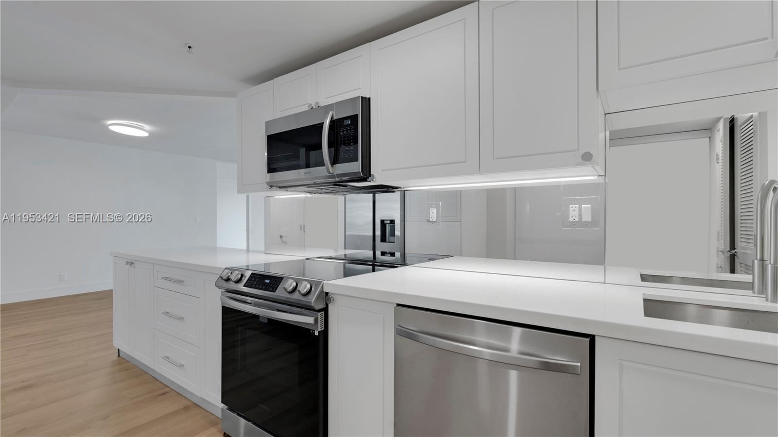 555 Northeast 34th Street, Unit 705 Miami, FL 33137 - Photo 3 of 28 a kitchen with stainless steel appliances white cabinets and a sink