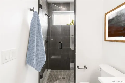 a bathroom with a shower and toilet