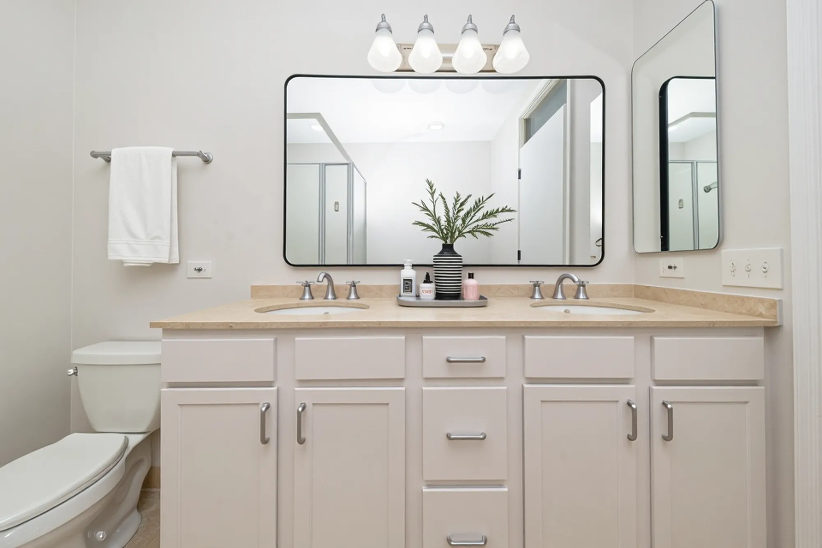 330 North Clinton Street, Unit 303 Chicago, IL 60661 - Photo 9 of 14 a bathroom with double vanity sinks a toilet a mirror and vanity