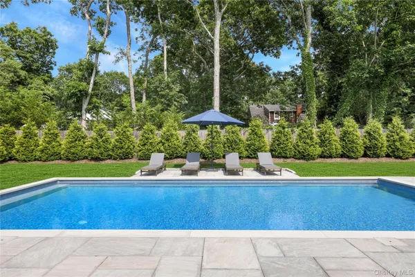 a view of a swimming pool with a yard