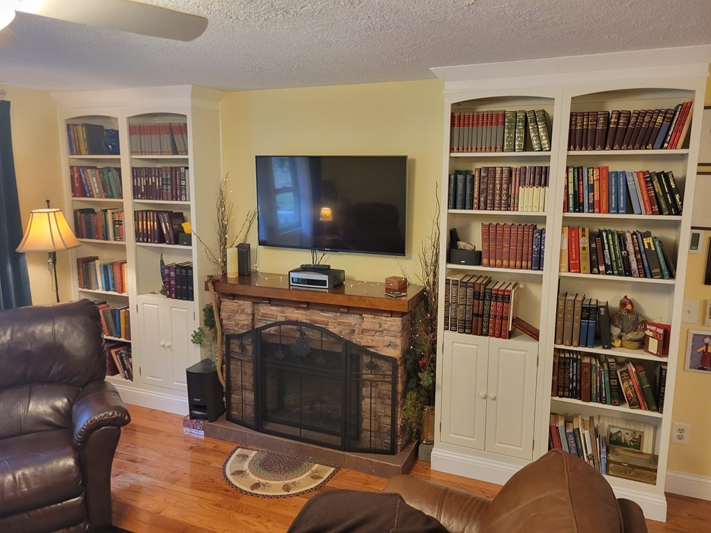46 Evergreen Road, Unit 210 Leeds, MA 01053 - Photo 14 of 34 a living room with furniture a bookshelf and a flat screen tv