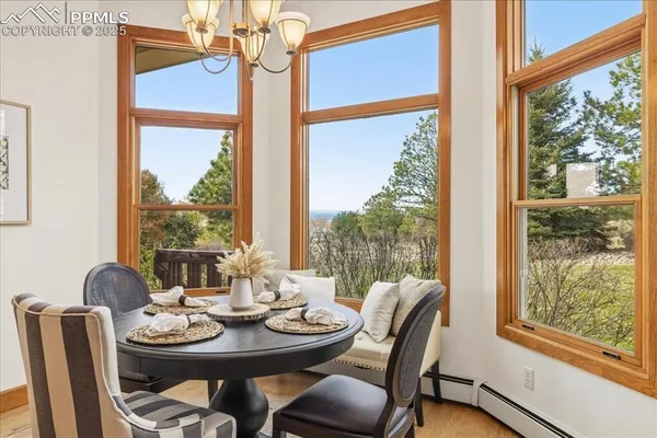 a view of a dining room with furniture and window