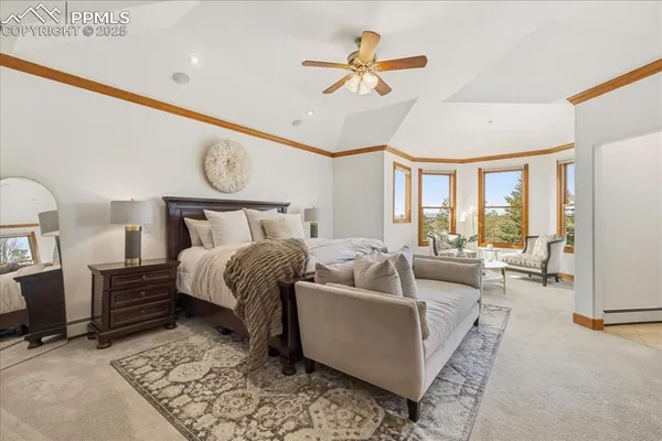 a bedroom with a bed and a couch