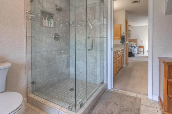 a bathroom with a shower and toilet