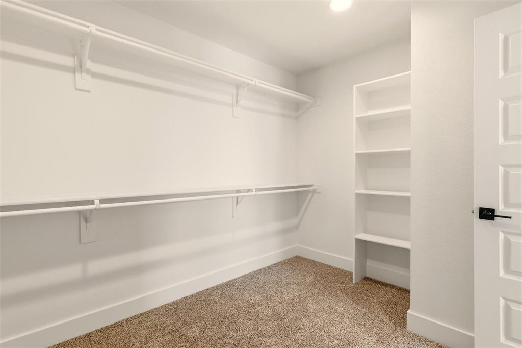 8902 Lowell Street Rowlett, TX 75089 - Photo 16 of 32 Walk-in closet featuring carpeted flooring, built-in shelving, and hanging rods