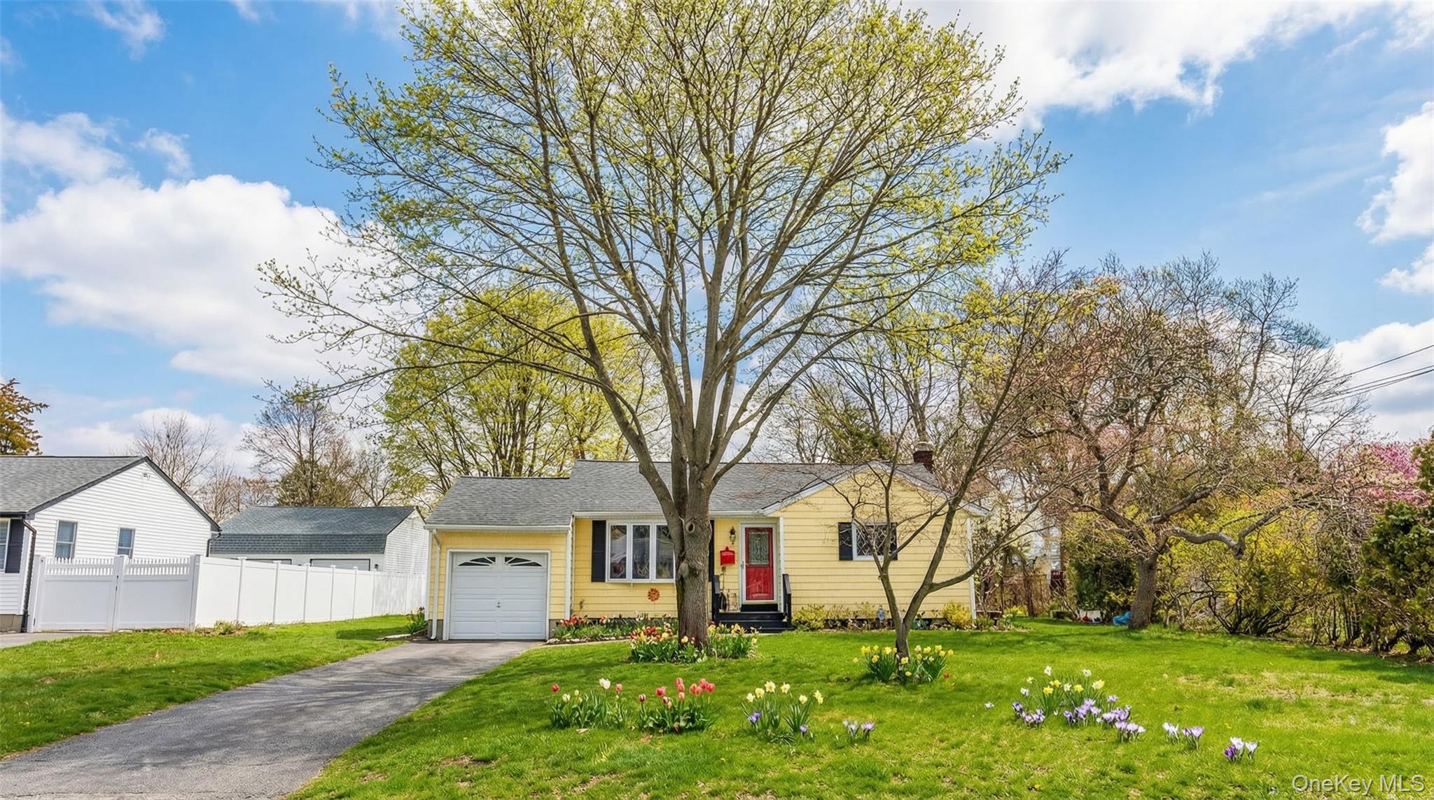 a front view of a house with a yard and trees