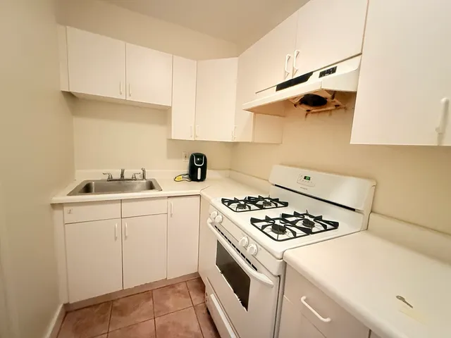 a kitchen with a sink a stove and cabinets