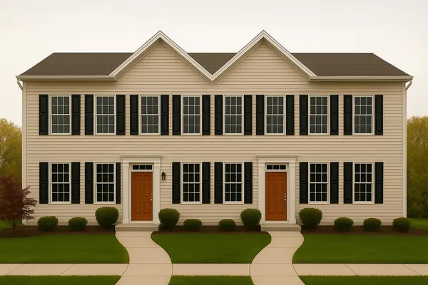 a view of a white house with a large windows and a yard with couches next to a yard