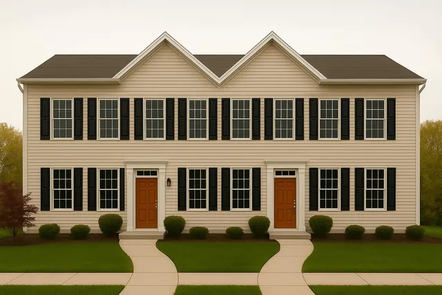 a view of a white house with a large windows and a yard with couches next to a yard