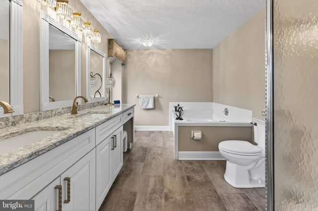 a bathroom with a granite countertop toilet sink and mirror