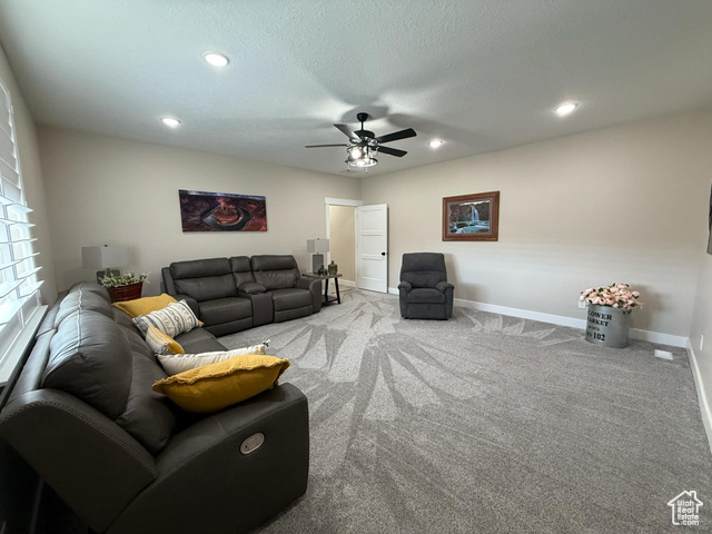 1240 West 2360 North Helper, UT 84526 - Photo 52 of 79 Living room with baseboards, carpet flooring, recessed lighting, and a ceiling fan