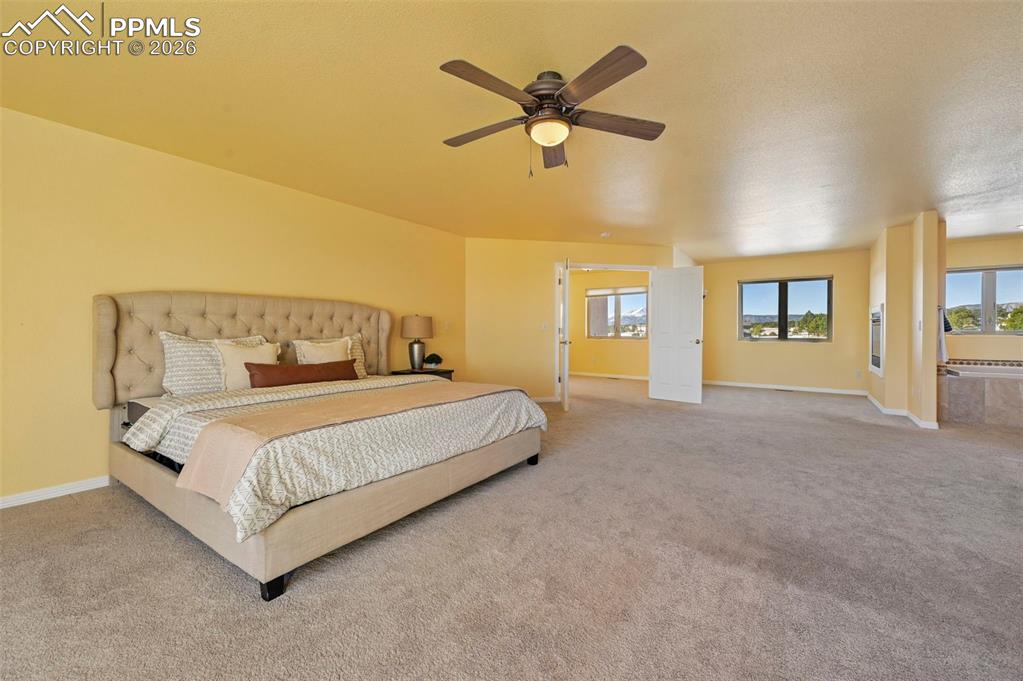 19610 Rathbone Circle Monument, CO 80132 - Photo 20 of 41 a bedroom with a large bed and a ceiling fan