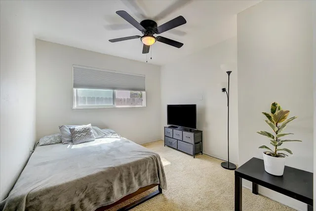a bedroom with a bed a window and a potted plant