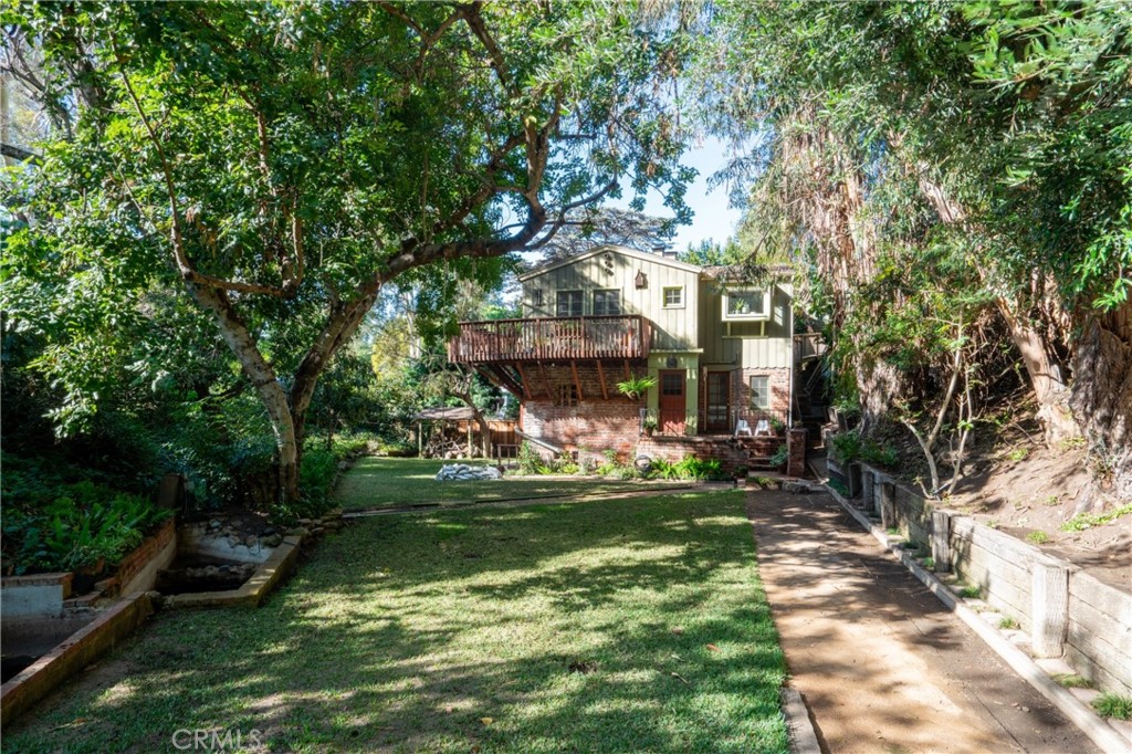 a view of a park with large trees
