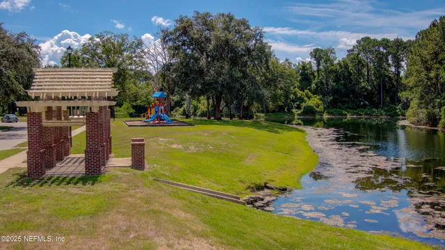 a view of a park with large trees