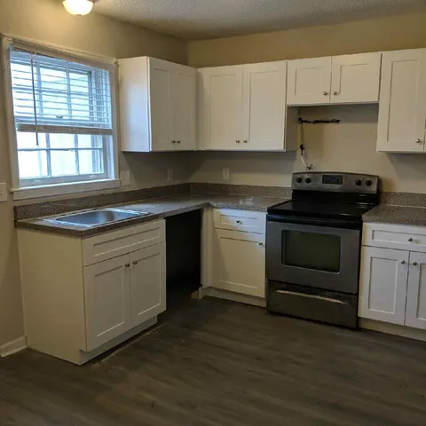 a kitchen with a stove and a sink