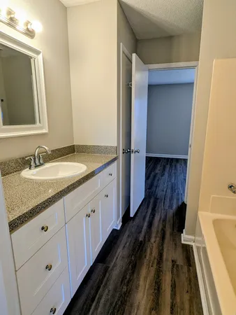 a bathroom with a granite countertop sink and a mirror