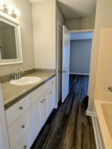 a bathroom with a granite countertop sink and a mirror