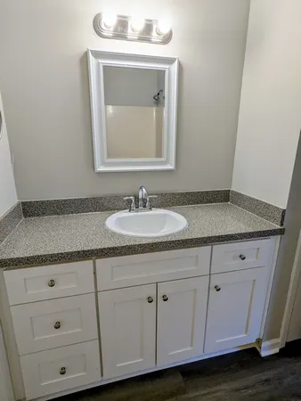 a bathroom with a sink granite and a vanity
