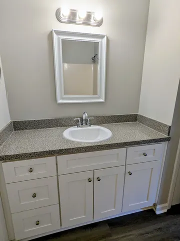 a bathroom with a sink granite and a vanity
