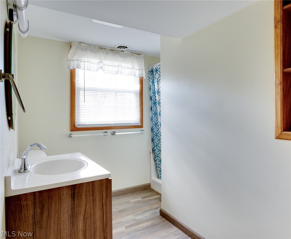 9416 Kieffer Road Mantua, OH 44255 - Photo 20 of 29 Lower level bathroom featuring vanity, a shower with curtain, and light wood style floors