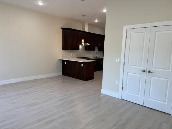 a room with a sink and a wooden floor