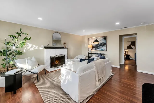 a living room with furniture a fireplace and a potted plant