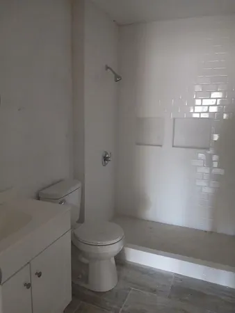a white toilet sitting next to a bath tub