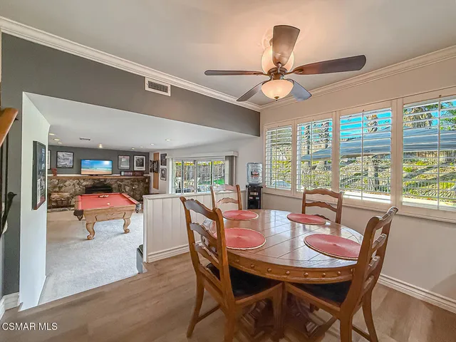 a view of a dining room with furniture window and outside view