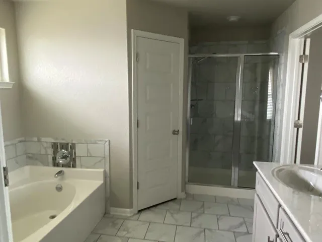 a bathroom with a tub a sink a mirror and a shower